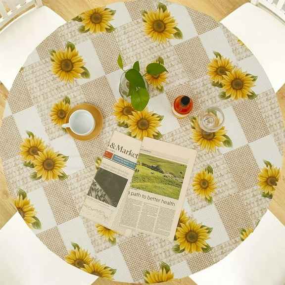 Tcwhniev Indoor Outdoor Patio Round Fitted Vinyl Tablecloth,Flannel Backing,Elastic Edge,Waterproof Plastic Table Cover ,Sunflowers Pattern for 5-Seat Table of 40-44’’ Diameter