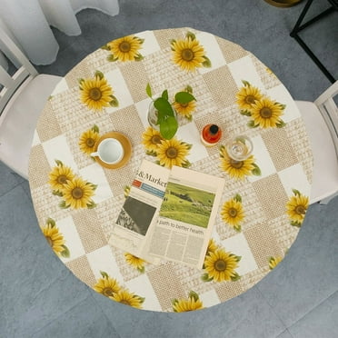 Tcwhniev Indoor Outdoor Patio Round Fitted Vinyl Tablecloth, Flannel Backing, Elastic Edge, Waterproof Wipeable PVC Table Cover, Sunflowers Pattern for 5-Seat Table of 36"-44" Diameter
