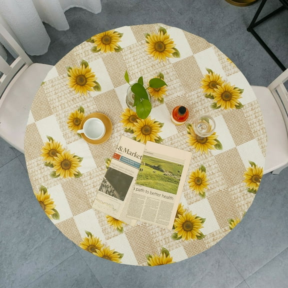 Tcwhniev Indoor Outdoor Patio Round Fitted Vinyl Tablecloth, Flannel Backing, Elastic Edge, Waterproof Wipeable PVC Table Cover, Sunflowers Pattern for 6-Seat Table of 45"-56" Diameter