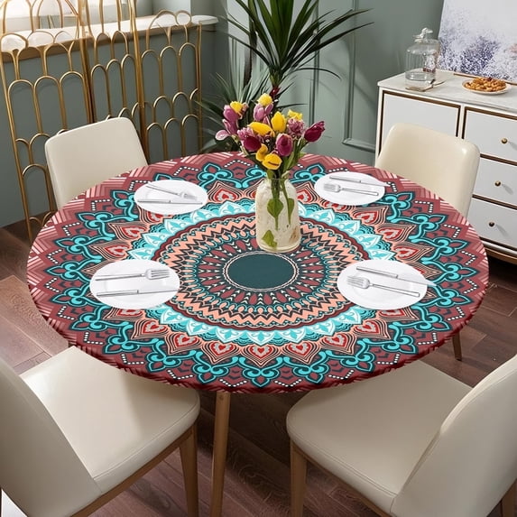 Tcwhniev Round Tablecloth with Elastic Edge, 40inch Waterproof Round Fitted Vinyl Tablecloth, Waterproof Wipeable TableCover for Indoor Outdoor
