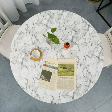 Tcwhniev Indoor Outdoor Patio Round Fitted Vinyl Tablecloth, Flannel Backing, Elastic Edge, Waterproof Wipeable PVC Table Cover,White marble Pattern for 5-Seat Table of 36-44’’ Diameter