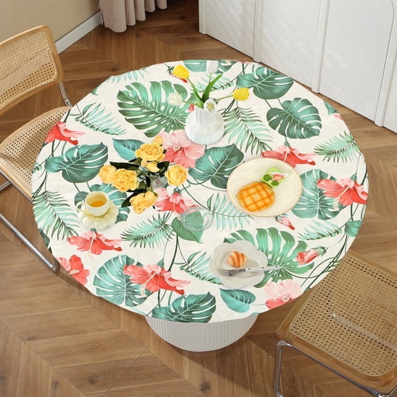 Tcwhniev Indoor Outdoor Round Fitted Vinyl Tablecloth for 43-55’’ Tables, Waterproof Elastic PVC Table Cover with Flannel Backing, Monster Leaf Pattern