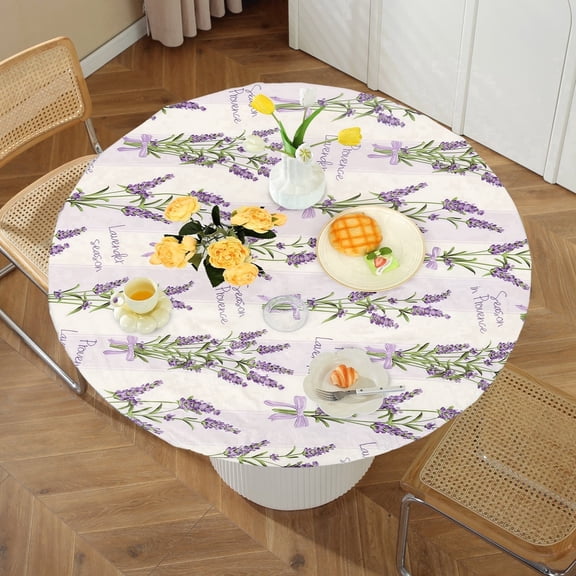 Tcwhniev Indoor Outdoor Round Fitted Vinyl Tablecloth, Flannel Backing, Elastic Edge, Waterproof Wipeable PVC Table Cover, Purple Lavender Pattern, for Table of 43-55’’ Diameter