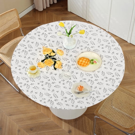 Tcwhniev Indoor Outdoor Round Fitted Vinyl Tablecloth with Elastic Edge Fits 43-55" Tables, Wipeable Waterproof PVC Table Cover with Flannel Backing, Small Leaf Pattern