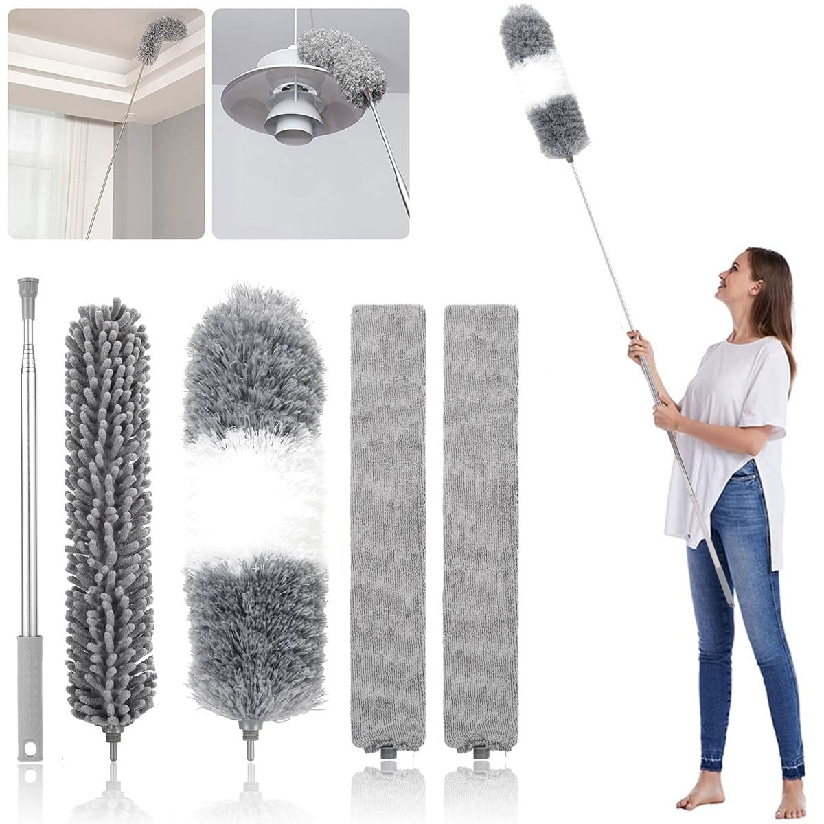 5PCS Retractable Microfiber Duster Set - Bendable Head, Extension Pole Up To 280cm, Washable For Ceiling Fans & High Areas