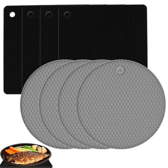 Tcwhniev Heat-Resistant Silicone Trivet Mats Set of 8 - Non-Slip Hot Pads for Kitchen Countertops, Multipurpose Pot Holders, Dishwasher Safe & BPA-Free (Black&Grey)