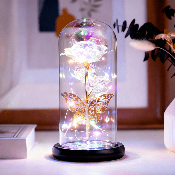 Tcwhniev Rose Light Artificial Galaxy Rose Lamp with Butterfly and Colorful LED Rose Flowers In Glass Gifts for Women Girls for Wedding Mother's Day Valentine's Day