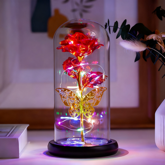 Tcwhniev Rose Light Artificial Galaxy Rose Lamp with Butterfly and Colorful LED Rose Flowers In Glass Gifts for Women Girls for Wedding Mother's Day Valentine's Day