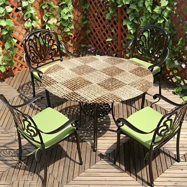 Tcwhniev Round Fitted Vinyl Tablecloth with Elastic Edge 100% Waterproof Oil Proof PVC Table Cloth Wipe Clean Table Cover for Indoor and Outdoor, Brown Check, 45"- 55"