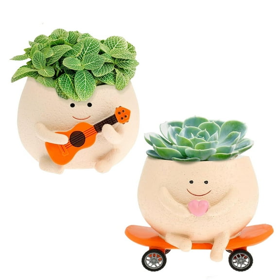 Tcwhniev Smiling Face Planter Pot with Drainage Holes Cute Resin Smiling Face Plant Pot Funny Skateboard Face Flower Pot Face Succulent Pots for Home Office Decor