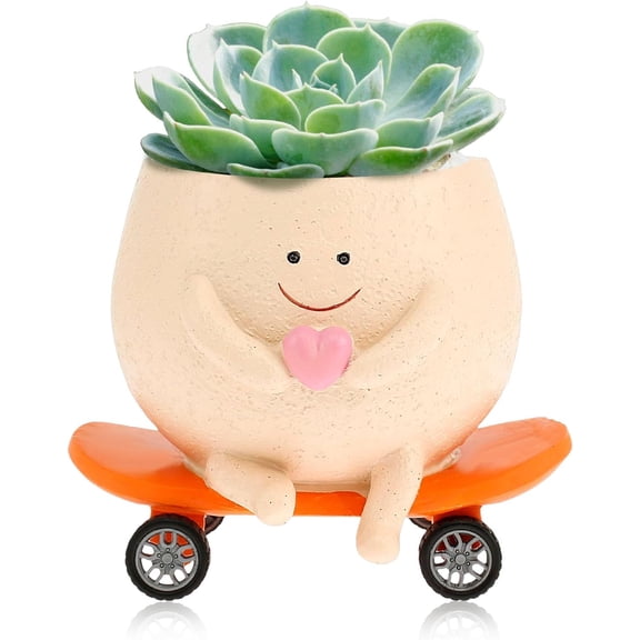 Tcwhniev Smiling Face Planter Pot with Drainage Holes Cute Resin Smiling Face Plant Pot Funny Skateboard Face Flower Pot Face Succulent Pots for Home Office Decor