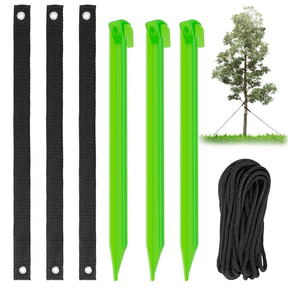 Tcwhniev Tree Stake Kit 12inch Garden Tree Staking Kit 3 Tree Stakes + 3 Tree Straps + 1 x 4m Rope Sapling Tree Stake Support Kit Reusable Plant Support Anchors for Garden