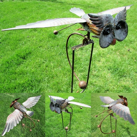 Tcwhniev Wing Flapping Kinetic Dynamics Metal Owl Garden Animal Statues,Yard Stake Rocking Wind Spinner Whirly-Gig Art,Creative Flying for Walkway,Pathway,Yard,Lawn Decorations