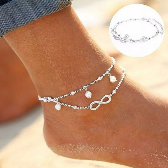 Tcwhniev Women Ankle Bracelet 925 Sterling Silver Anklet Foot Chain Boho Beach Beads（3Pcs）