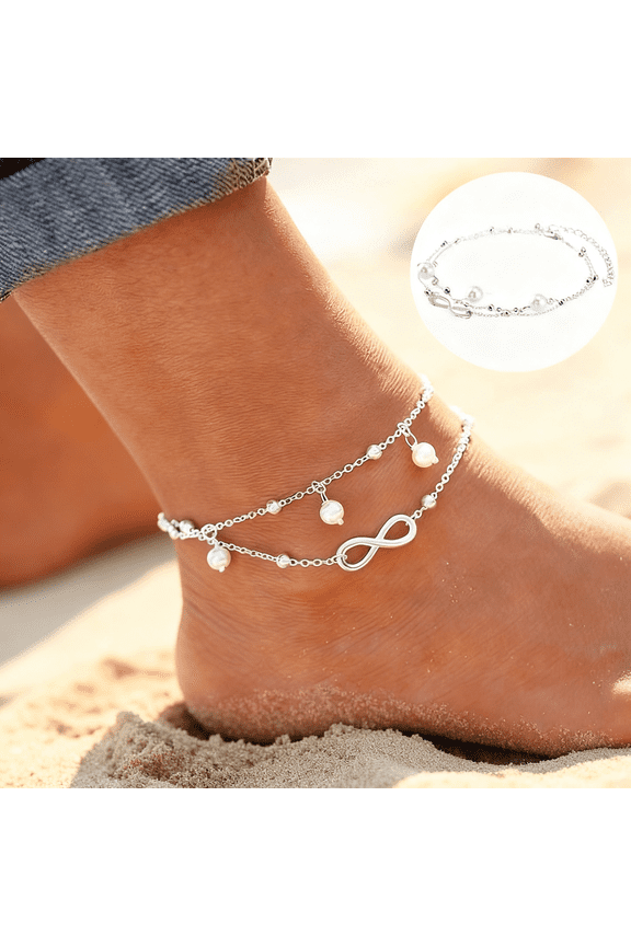 Women Ankle Bracelet 925 Sterling Silver Anklet Foot Chain Boho Beach Beads（5Pcs）