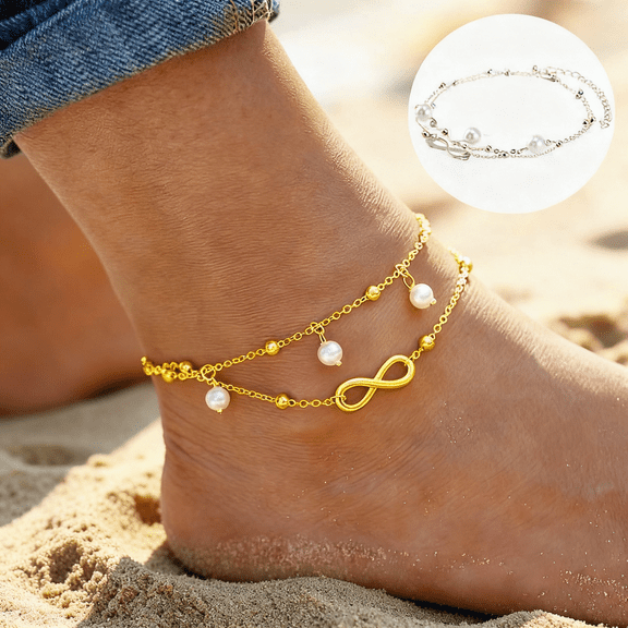 Tcwhniev 5Pcs Women Ankle Bracelet 925 Sterling gold Anklet Foot Chain Boho Beach Beads
