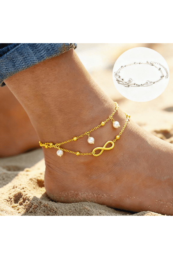 5Pcs Women Ankle Bracelet 925 Sterling gold Anklet Foot Chain Boho Beach Beads