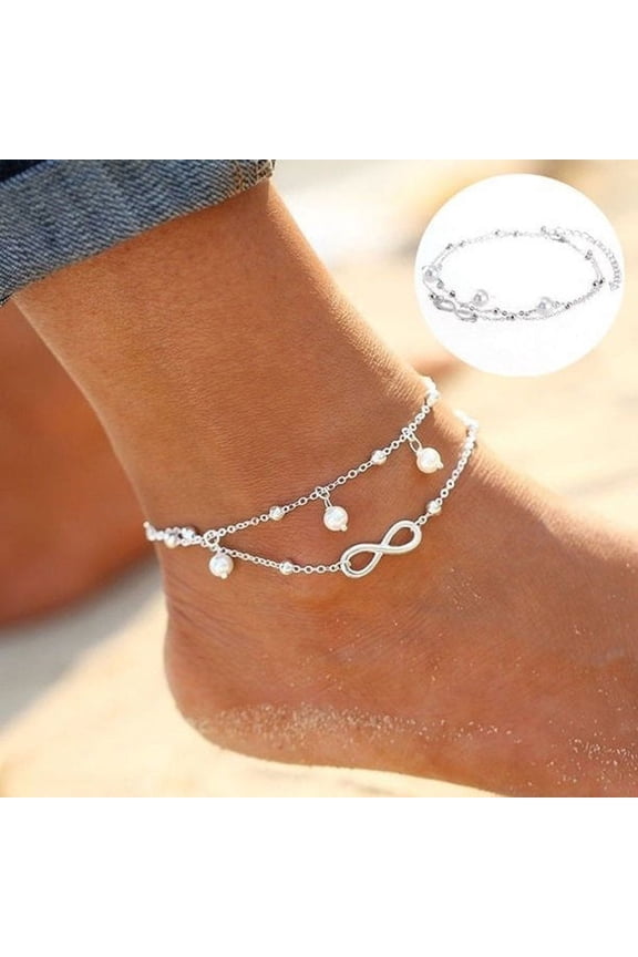Tcwhniev Women Ankle Bracelet Silver Plating Anklet Foot Chain Boho Beach Beads(3Pcs)