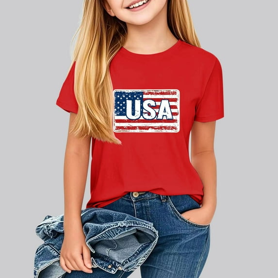 Tdoqot 4th of July Shirts Kids- Cute Crewneck Patriotic Clothes Short Sleeve Girls Boys T Shirts Red Size 9 T