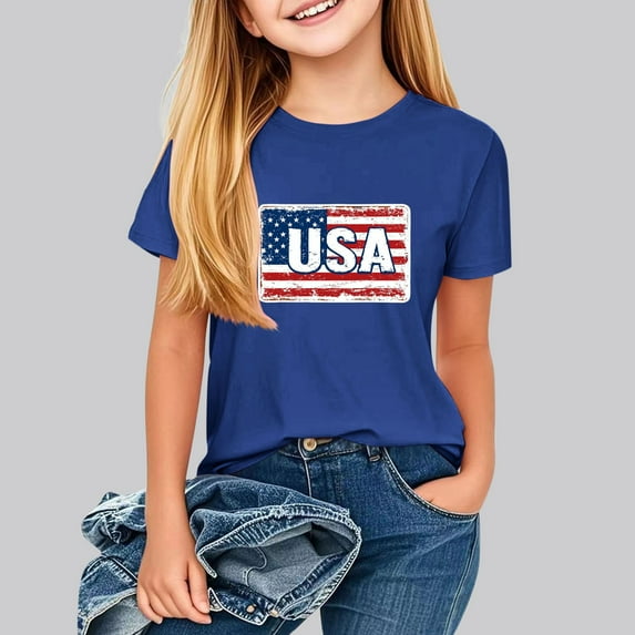 Tdoqot 4th of July Shirts Kids- Cute Short Sleeve Patriotic Clothes Crewneck Girls Boys T Shirts Navy Size 5 T