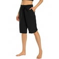 thumbnail image 1 of Tdoqot Bermuda Shorts for Women- Cotton linen Knee Length Elastic waist Casual Drawstring Shorts Black, 1 of 6