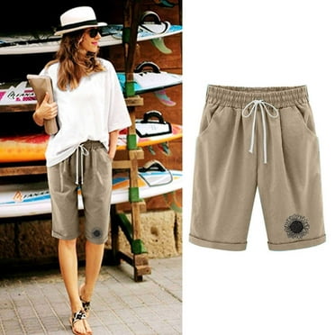 Tdoqot Bermuda Shorts for Women- With Pockets Casual Knee Length Cotton ...