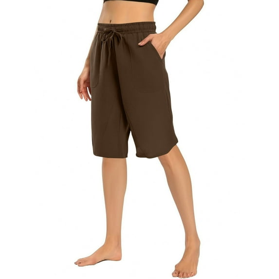 Tdoqot Bermuda Shorts for Women- Knee Length Elastic waist Casual Cotton linen Drawstring Shorts Brown
