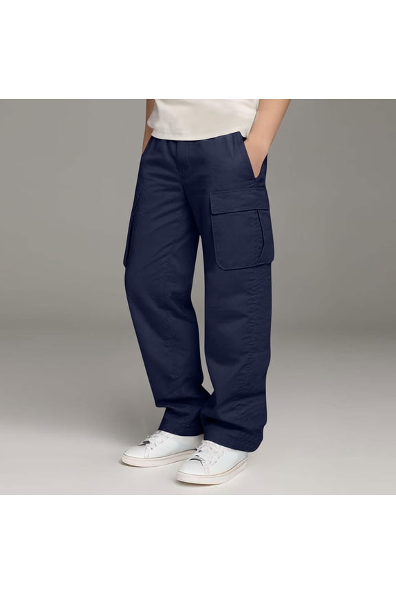Boys Baggy Cargo Pants- Elastic Waist Casual Stretch Wide Leg Kids Pants Navy Size 8