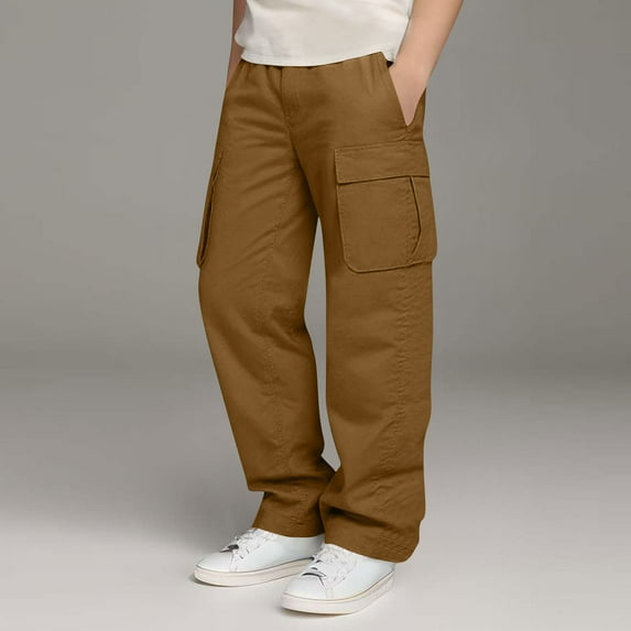 Tdoqot Boys Baggy Cargo Pants- Elastic Waist Casual Wide Leg Stretch Kids Pants Brown Size 5