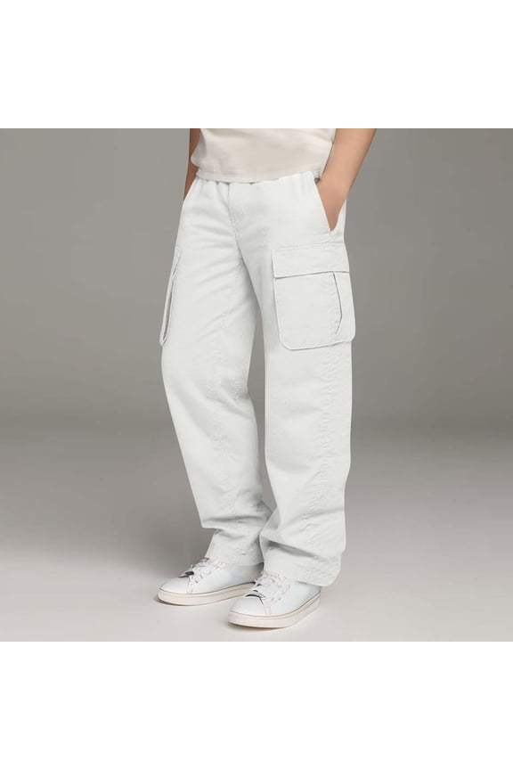 Boys Baggy Cargo Pants- Elastic Waist Wide Leg Stretch Casual Kids Pants White Size 8