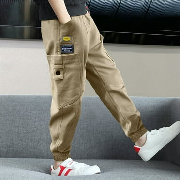 Tdoqot Boys Cargo Pants with Pockets- Casual Elastic Waist Cotton Baggy Joggers Khaki Size 4-14