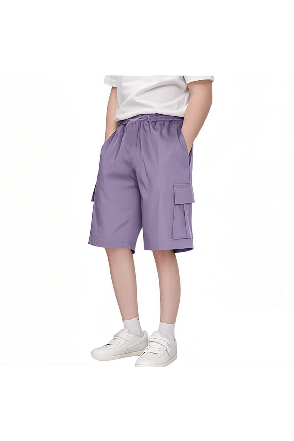 Boys Cargo Shorts with Pockets- Summer Elastic Waist Baggy Casual Kids Drawstring Shorts Purple Size 14