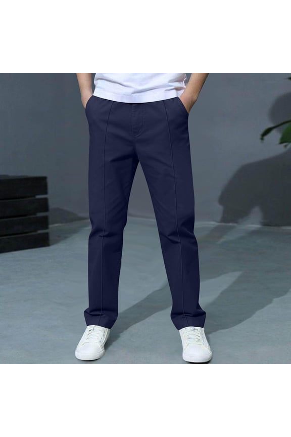 Boys Chino Pants with Pockets- Elastic Waist Casual Straight Leg Slim Fit Kids School Uniform Navy Size 6