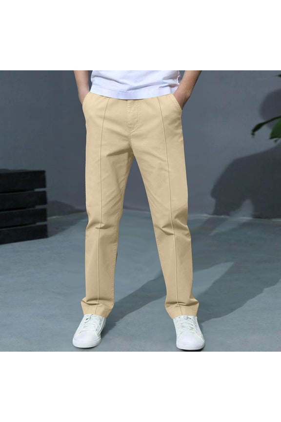 Boys Chino Pants with Pockets- Slim Fit Casual Straight Leg Elastic Waist Kids School Uniform Khaki Size 14