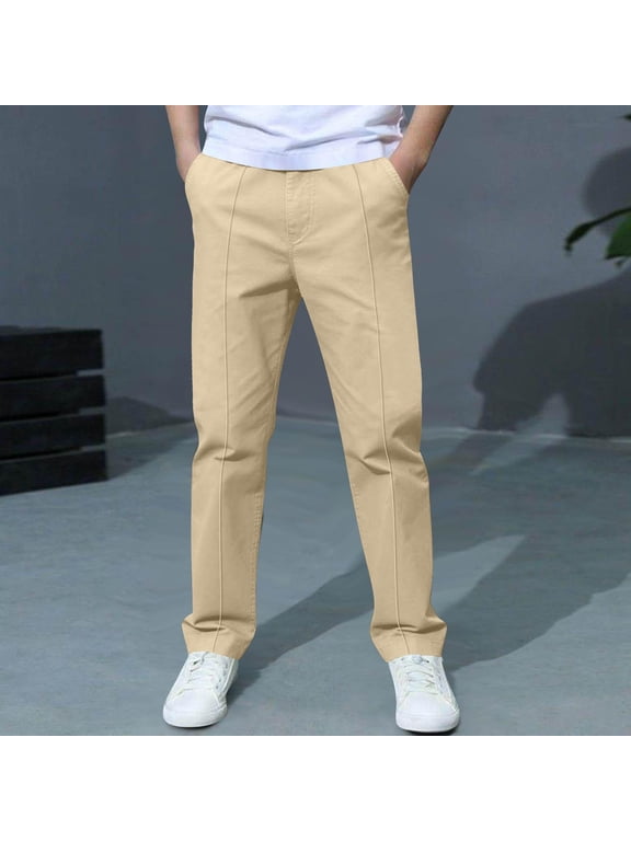 Boys Chino Pants with Pockets- Slim Fit Straight Leg Elastic Waist Casual Kids School Uniform Khaki Size 6-14