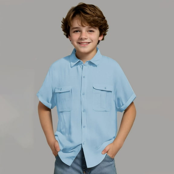 Tdoqot Boys Dress Shirts with Pockets- Casual Summer Short Sleeve Cotton Linen Button Down Shirts Light Blue Size 8