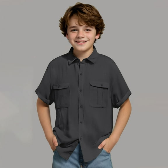 Tdoqot Boys Dress Shirts with Pockets- Cotton Linen Summer Casual Short Sleeve Button Down Shirts Gray Size 14
