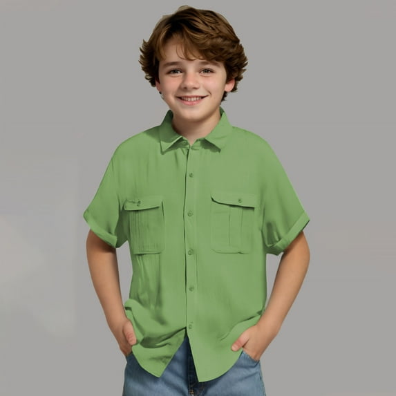 Tdoqot Boys Dress Shirts with Pockets- Cotton Linen Summer Short Sleeve Casual Button Down Shirts Green Size 6