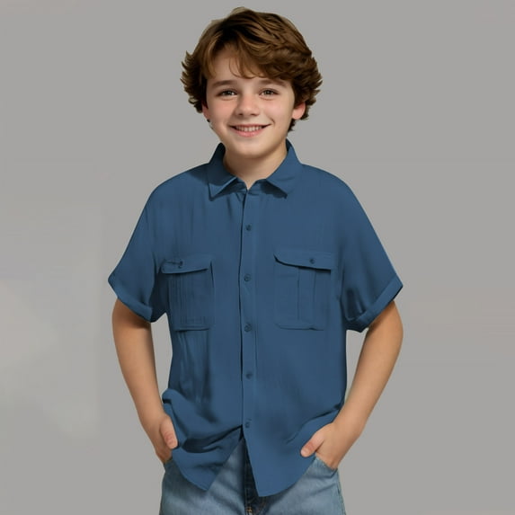 Tdoqot Boys Dress Shirts with Pockets- Summer Casual Cotton Linen Short Sleeve Button Down Shirts Navy Size 12