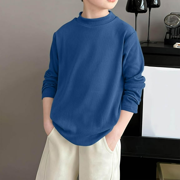 Tdoqot Boys Fleece T Shirts- Long Sleeve Turtleneck Ribbed Casual Kids Fall Winter Tops Blue Size 14