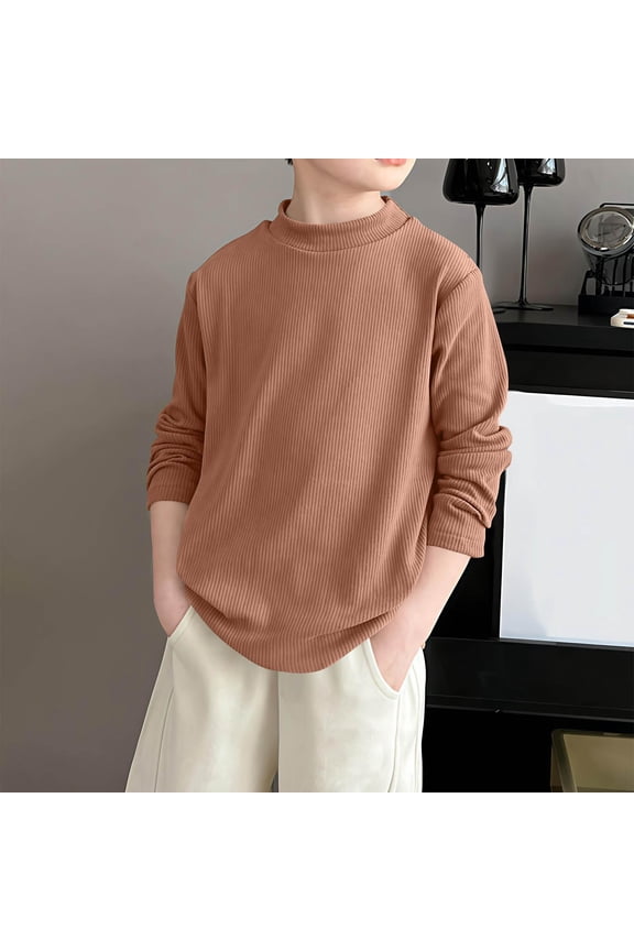 Boys Fleece T Shirts- Ribbed Long Sleeve Casual Turtleneck Kids Fall Winter Tops Brown Size 8