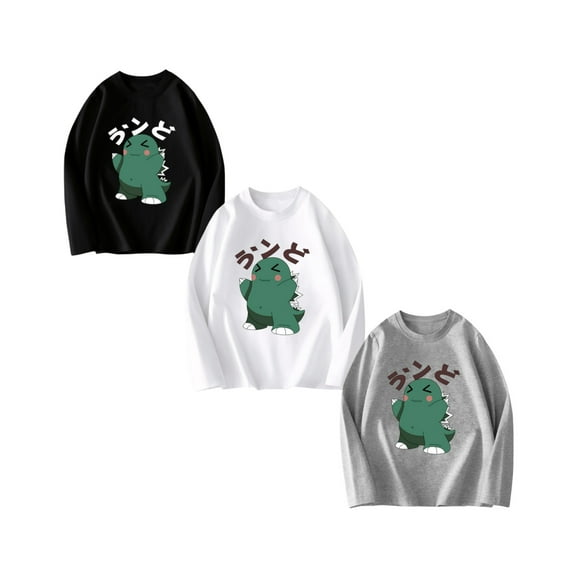 Tdoqot Boys Graphic T Shirts 3 Pack- Cotton Long Sleeve Cute Crewneck Casual Kids Fall Tops Black Size 8 Years