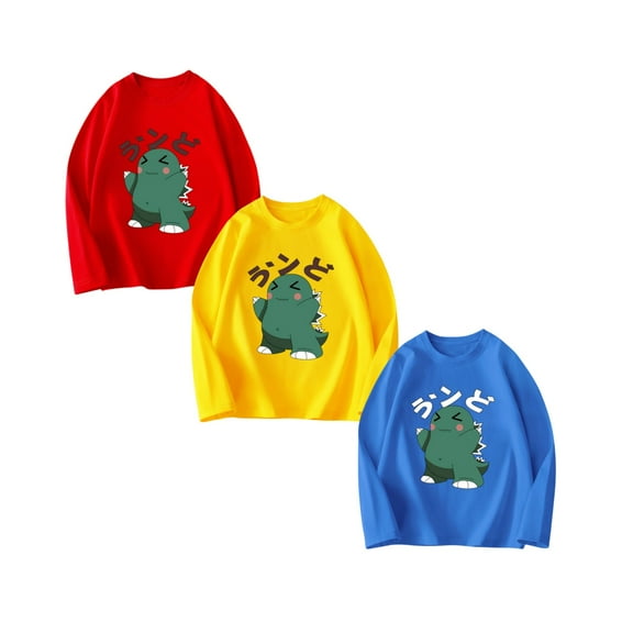 Tdoqot Boys Graphic T Shirts 3 Pack- Long Sleeve Cotton Crewneck Casual Cute Kids Fall Tops Blue Size 9 Years