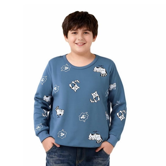 Tdoqot Boys Graphic T Shirts Husky- Cotton Cute Long Sleeve Casual Kids Basic Tees Dark Blue Size 16