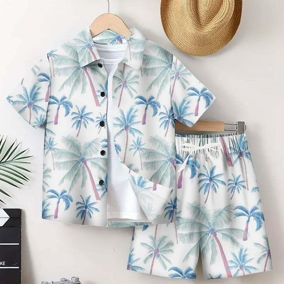 Tdoqot Boys Hawaii Shirts and Shorts Outfit Sets- Button Down Summer Casual Fashion Kids Beach Vacation Clothes White Size 10-12