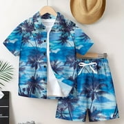 TDOQOT Boys Hawaii Shirts and Shorts Outfit Sets- Button Down Summer Fashion Casual Kids Beach Vacation Clothes Blue Size 9-10