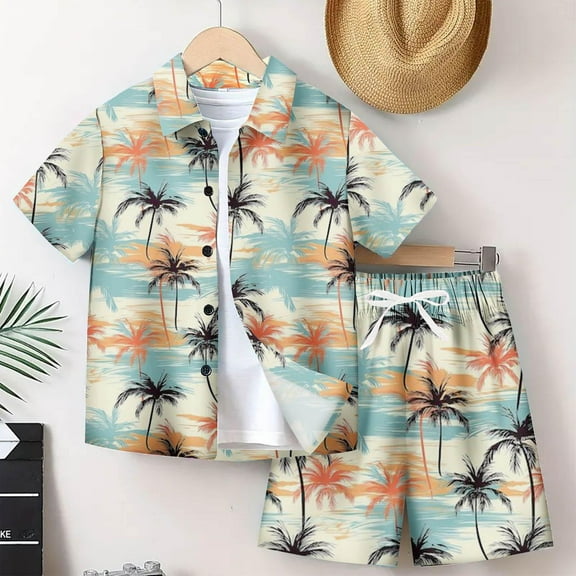 Tdoqot Boys Hawaii Shirts and Shorts Outfit Sets- Casual Fashion Summer Button Down Kids Beach Vacation Clothes Khaki Size 10-12