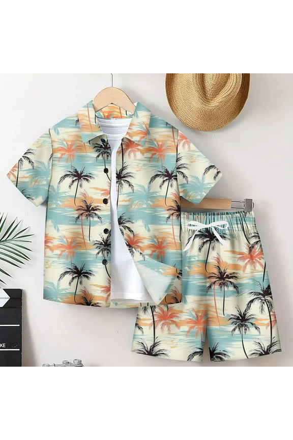 Boys Hawaii Shirts and Shorts Outfit Sets- Casual Fashion Summer Button Down Kids Beach Vacation Clothes Khaki Size 10-12