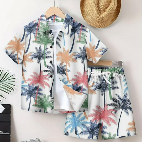 Tdoqot Boys Hawaii Shirts and Shorts Outfit Sets- Fashion Button Down Summer Casual Kids Beach Vacation Clothes Multicolor Size 7-8