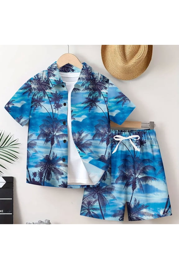 Boys Hawaii Shirts and Shorts Outfit Sets- Summer Casual Button Down Fashion Kids Beach Vacation Clothes Blue Size 10-12
